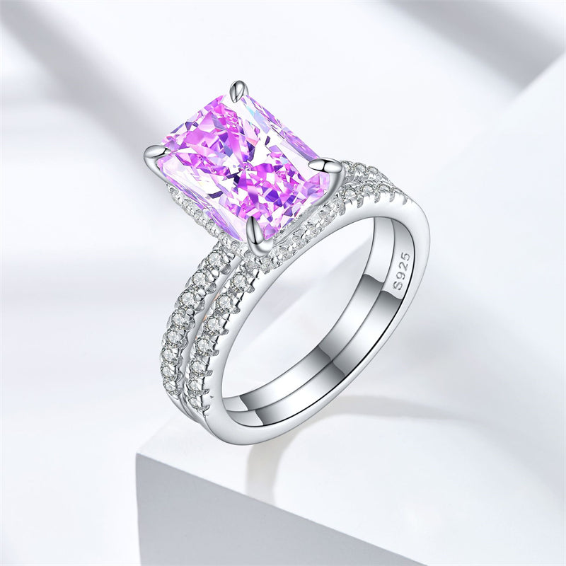 4ct Square Gemstone 925 Silver Stackable Ring Set - Luxe Flame & Ice-Cut European Style Band Collection