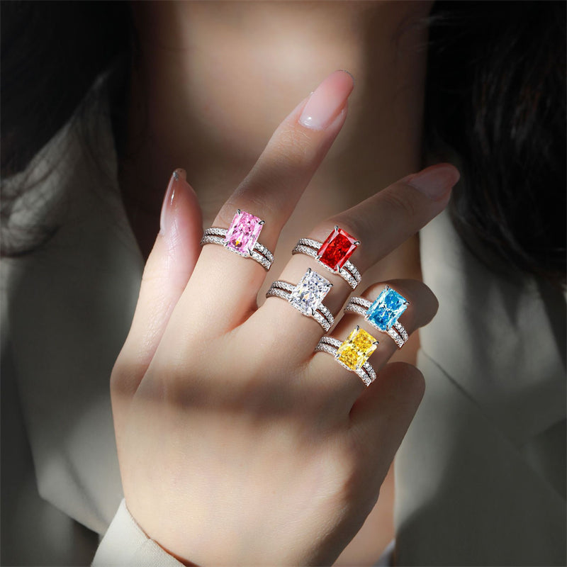 4ct Square Gemstone 925 Silver Stackable Ring Set - Luxe Flame & Ice-Cut European Style Band Collection