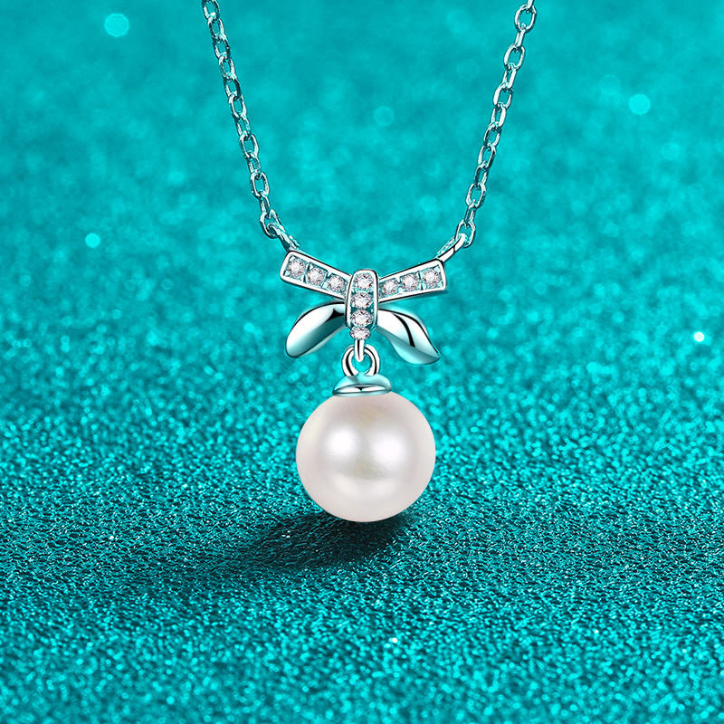 5-Point Moissanite Pearl Necklace – 925 Silver Bow Pendant Dainty U-Shaped Layered Choker for Women
