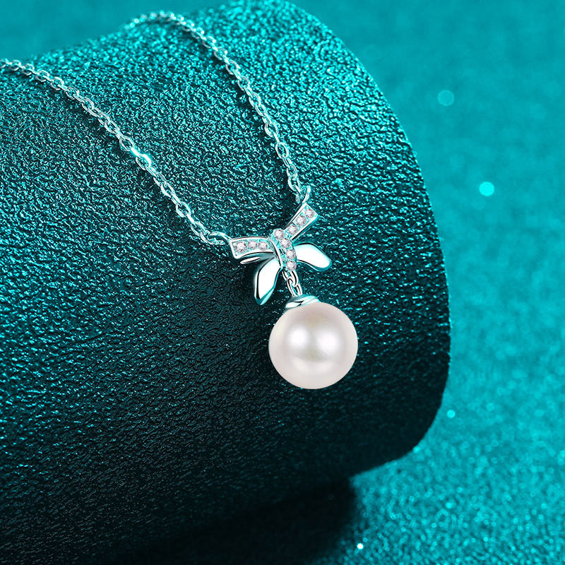 5-Point Moissanite Pearl Necklace – 925 Silver Bow Pendant Dainty U-Shaped Layered Choker for Women