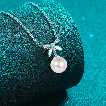 5-Point Moissanite Pearl Necklace – 925 Silver Bow Pendant Dainty U-Shaped Layered Choker for Women