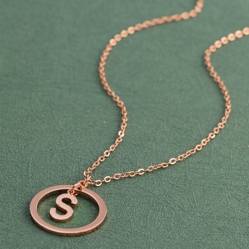 Rose Gold Stainless Steel O-Chain Necklace with Circular and Letter Pendant