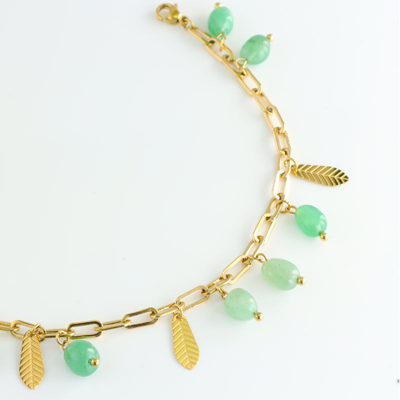 Green Stone Bracelet with Leaf Pendant