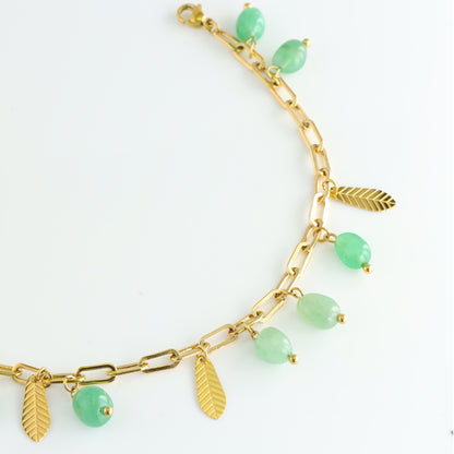 Green Stone Bracelet with Leaf Pendant
