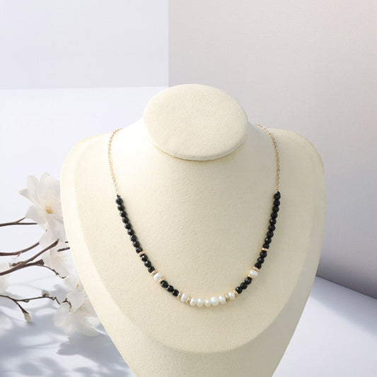 Copper O-Chain Necklace with Black Natural Stone and Pearl Beads