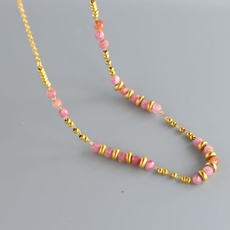 Ethnic Style Stainless Steel O-Chain Necklace with Pink Natural Stone Beads