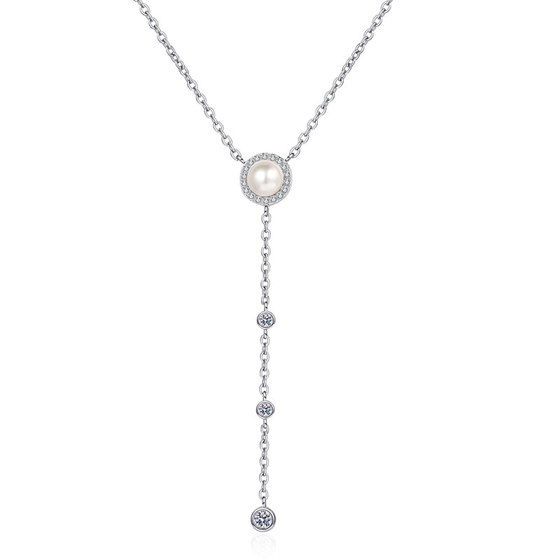 67-Point Moissanite & 8mm Pearl Necklace – 925 Silver Pendant Elegant 24" Statement Collar for Women
