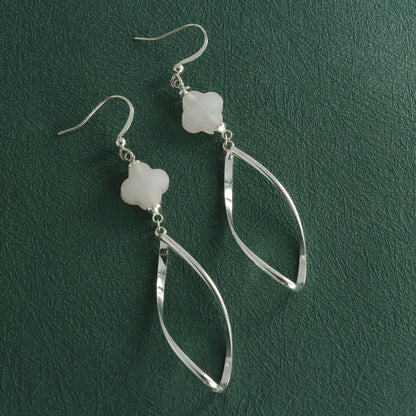 Silver Four-leaf Clover and Geometric Stone Earrings