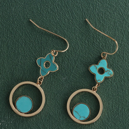 Blue Four-leaf Clover and Circle Earrings
