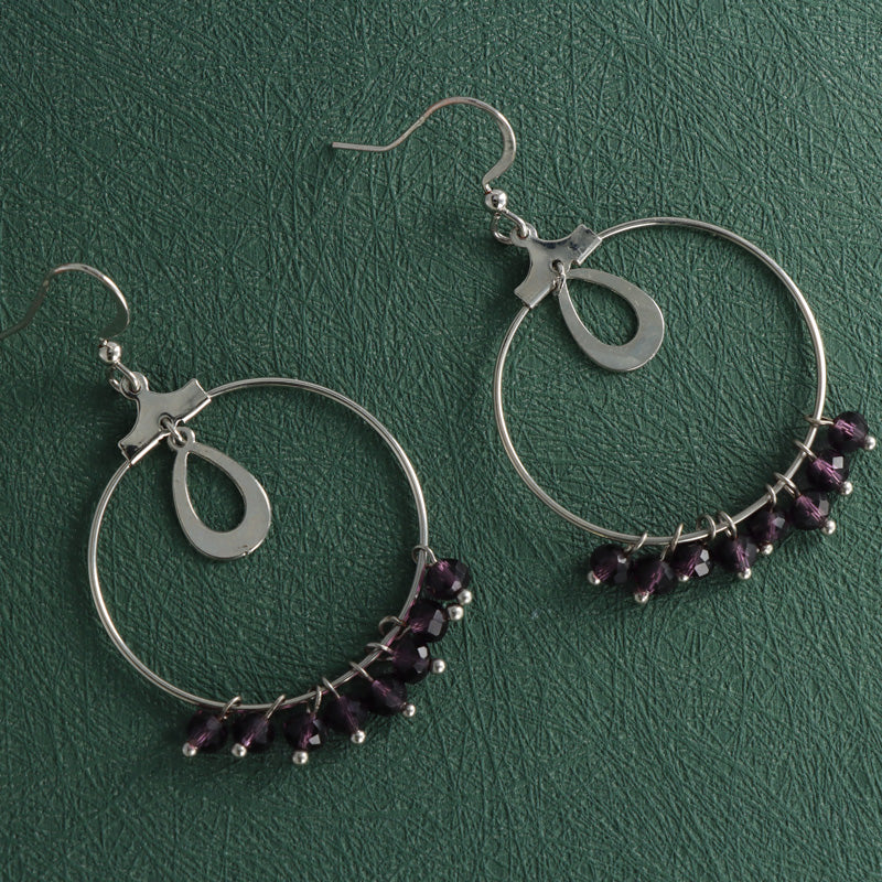 Silver Geometric Earrings with Purple Beads