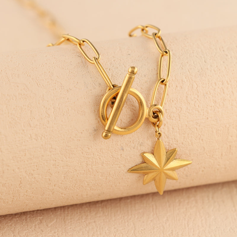 Gold Stainless Steel Cross Chain Necklace with Octagram Pendant