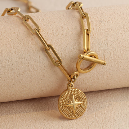 Round Pendant Gold Stainless Steel Necklace