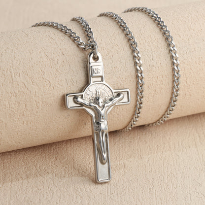Trendy Silver Chopin Chain Necklace with Cross and Jesus Figure Embellishment