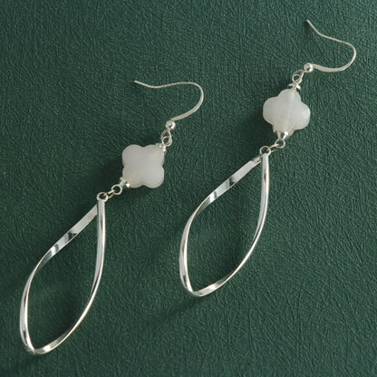 Silver Four-leaf Clover and Geometric Stone Earrings