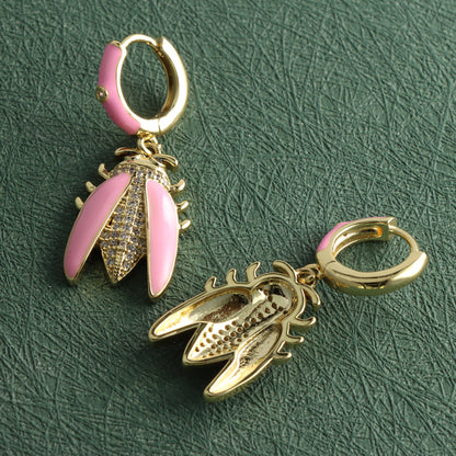 Pink Beetle Copper Earrings