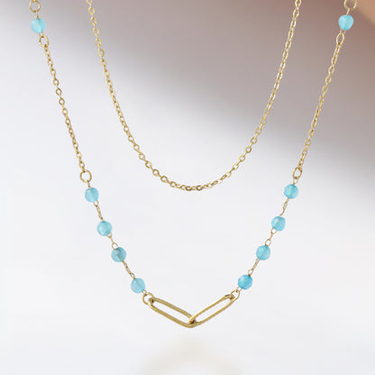 Gold stainless steel natural stone O-shaped double-layer necklace