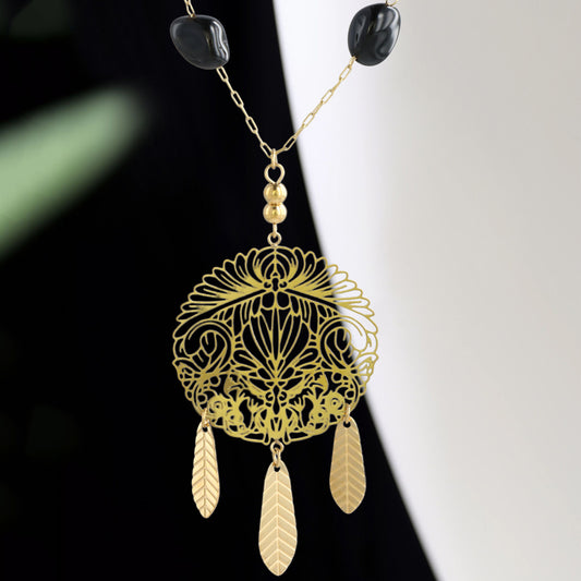 Black natural stone beads and metal tassel cross necklace