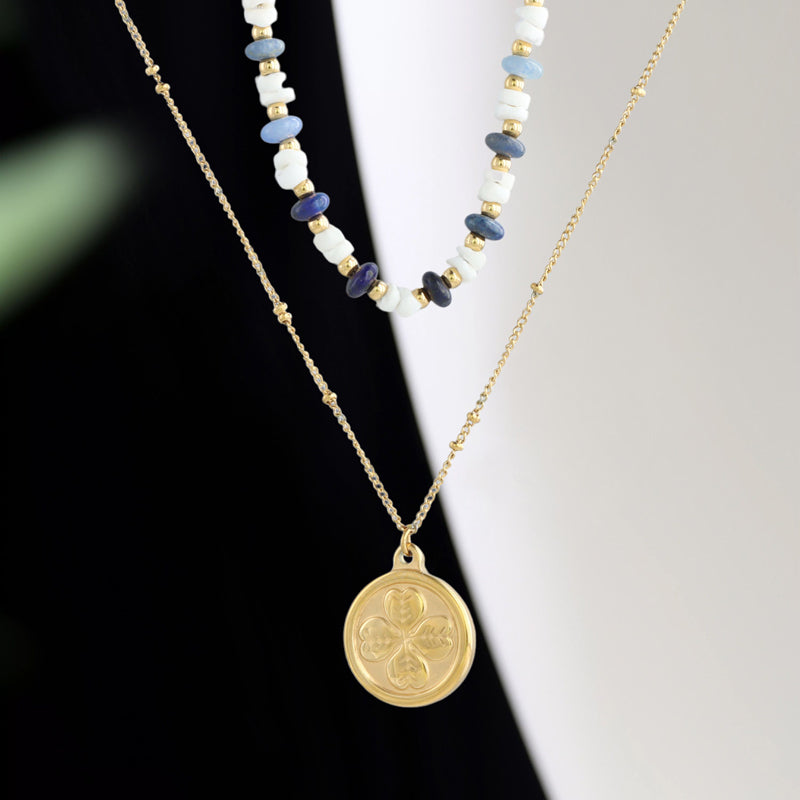 Gold stainless steel shell O-shaped double-layer necklace whit four-leaf clover pendant