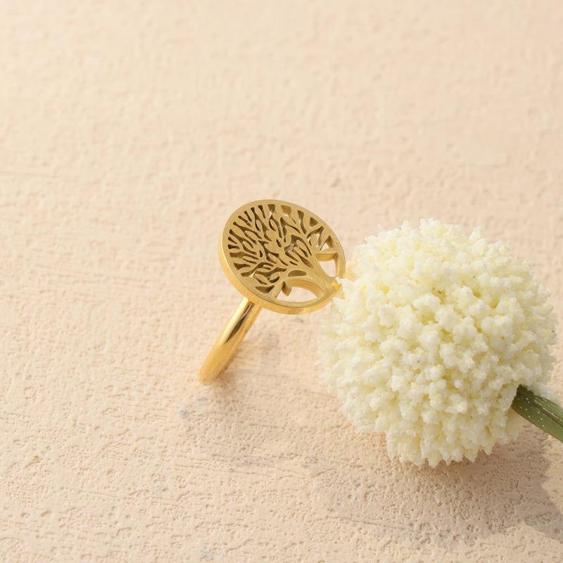 Stylish Gold Stainless Steel Ring with Tree Motif