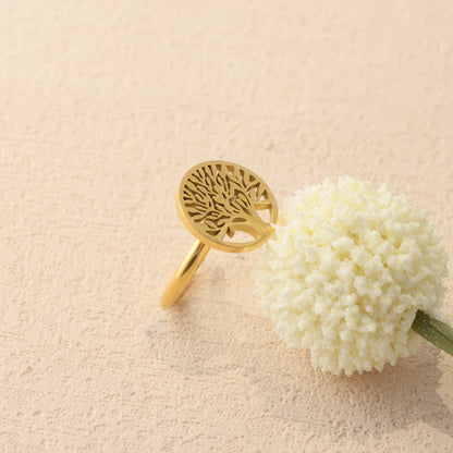 Stylish Gold Stainless Steel Ring with Tree Motif