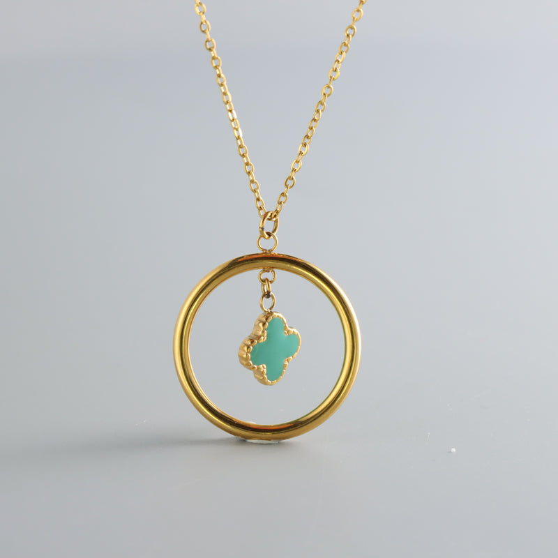 Gold Stainless Steel O-Chain Necklace with Green Four-Leaf Clover Pendant