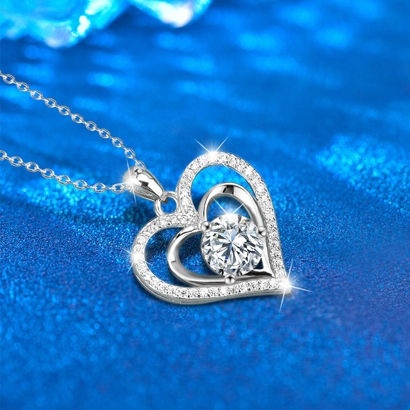 925 Rhodium-Plated Sterling Silver Heart Pendant Necklace with 2ct Multicolor Moissanite Diamonds-Elegant & Hypoallergenic
