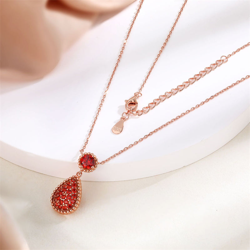 925 Rose Gold Plated Sterling Silver Pendant Necklace - Garnet Red Zirconia Celestial Collarbone Chain