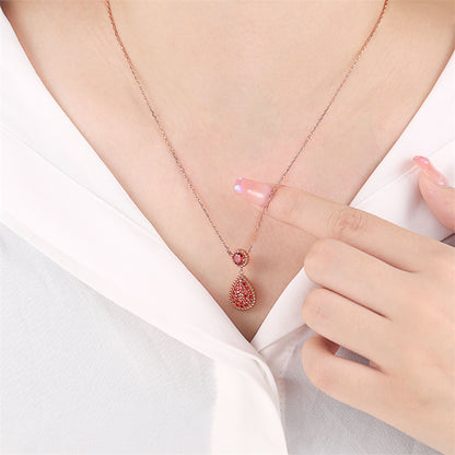 925 Rose Gold Plated Sterling Silver Pendant Necklace - Garnet Red Zirconia Celestial Collarbone Chain