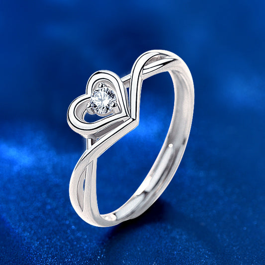 925 Silver Adjustable Heart Ring with White Zircon Elegant Office Jewelry for Women White Gold Plated