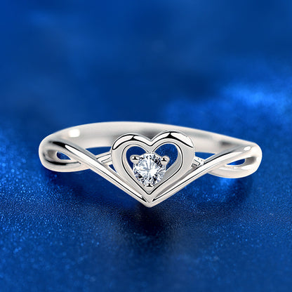 925 Silver Adjustable Heart Ring with White Zircon Elegant Office Jewelry for Women White Gold Plated