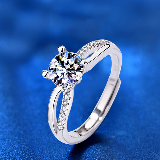 925 Silver Adjustable Minimalist Ring with 1 Carat Moissanite Geometric Line Design White Gold Plated