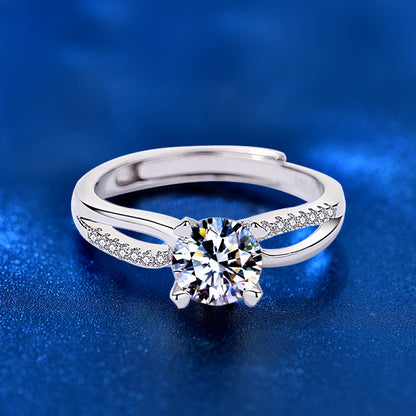 925 Silver Adjustable Minimalist Ring with 1 Carat Moissanite Geometric Line Design White Gold Plated