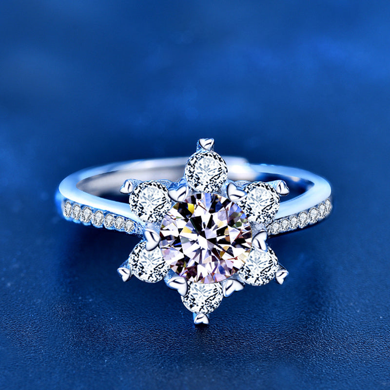 925 Silver Adjustable Snowflake Ring with 1 Carat Moissanite Elegant Premium Jewelry for Women White Gold Plated