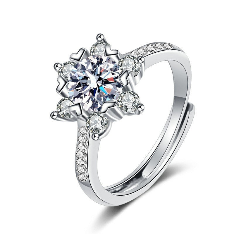 925 Silver Adjustable Snowflake Ring with 1 Carat Moissanite Elegant Premium Jewelry for Women White Gold Plated