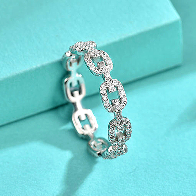 925 Silver Chain Link Geometric Ring with Zircon Stones White/Yellow Gold Plated Women's Chic Jewelry Size 6-8