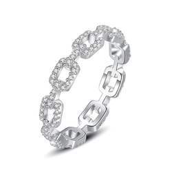 925 Silver Chain Link Geometric Ring with Zircon Stones White/Yellow Gold Plated Women's Chic Jewelry Size 6-8
