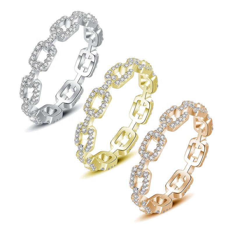 925 Silver Chain Link Geometric Ring with Zircon Stones White/Yellow Gold Plated Women's Chic Jewelry Size 6-8