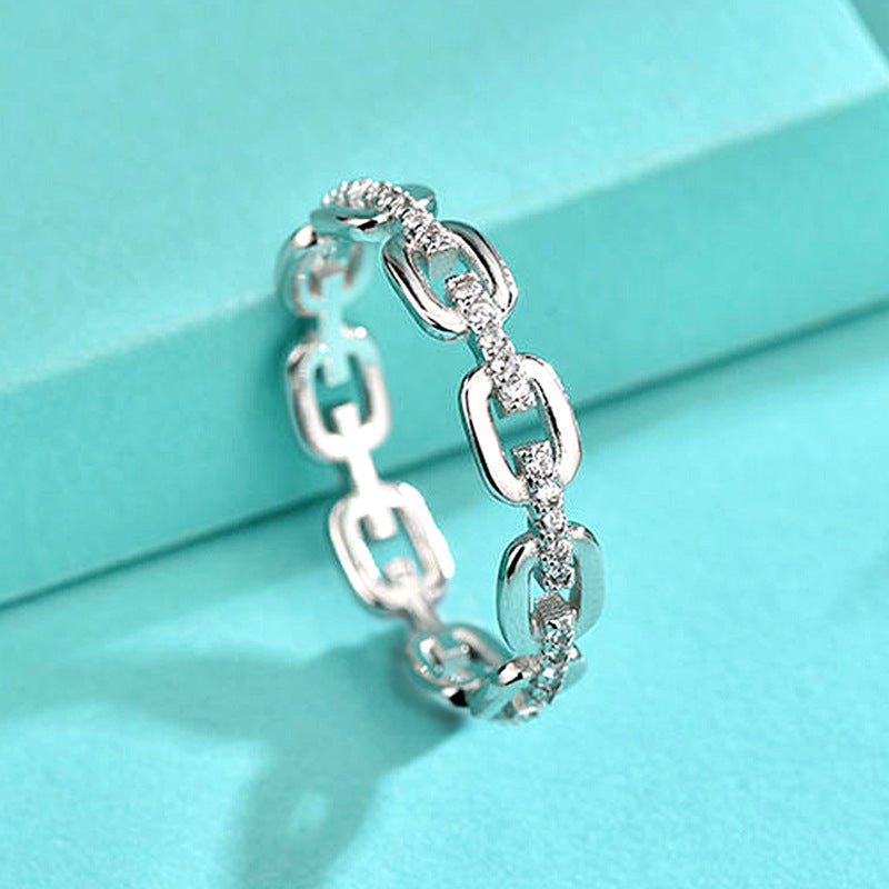 925 Silver Chain Link Geometric Ring with Zircon White/Yellow Gold Plated Women's Jewelry Size 6-8