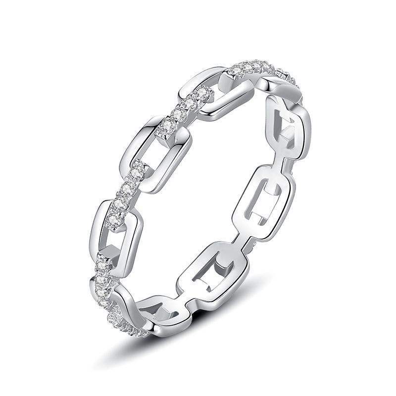 925 Silver Chain Link Geometric Ring with Zircon White/Yellow Gold Plated Women's Jewelry Size 6-8