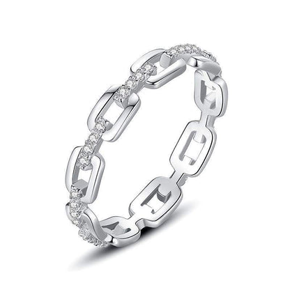 925 Silver Chain Link Geometric Ring with Zircon White/Yellow Gold Plated Women's Jewelry Size 6-8