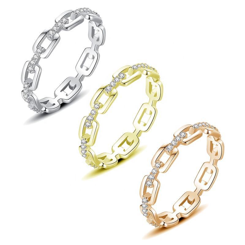925 Silver Chain Link Geometric Ring with Zircon White/Yellow Gold Plated Women's Jewelry Size 6-8