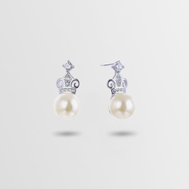 925 Silver Crown Pearl Stud Earrings - Korean Style 7-8mm Mother-of-Pearl Earrings with Plastic Stoppers