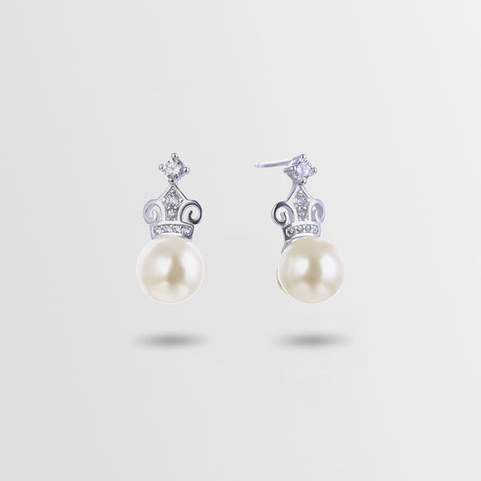 925 Silver Crown Pearl Stud Earrings - Korean Style 7-8mm Mother-of-Pearl Earrings with Plastic Stoppers