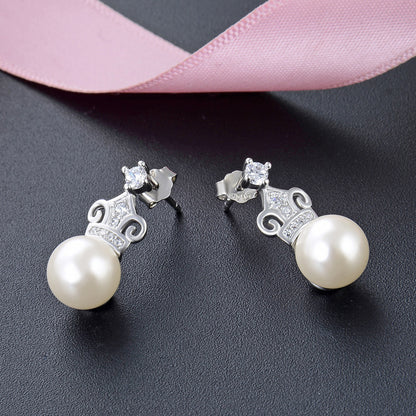 925 Silver Crown Pearl Stud Earrings - Korean Style 7-8mm Mother-of-Pearl Earrings with Plastic Stoppers