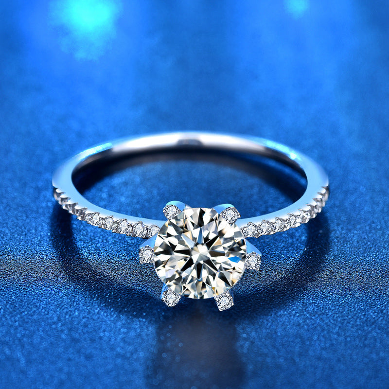 925 Silver Crown Ring with 1 Carat Moissanite and Row Diamonds Chic White Gold Plated Jewelry for Women Size 5-8