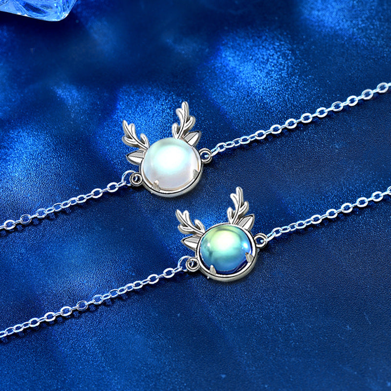 925 Silver Deer Moonstone Bracelet in White or Blue Fresh Style Employee Gift Jewelry