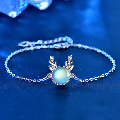 925 Silver Deer Moonstone Bracelet in White or Blue Fresh Style Employee Gift Jewelry