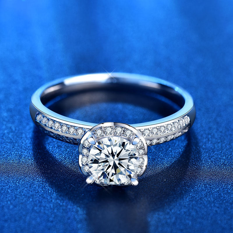 925 Silver Floral Heart Ring with 1ct D Color Moissanite Heavy 0.05um Rhodium Plated Women's Jewelry Size 5-8