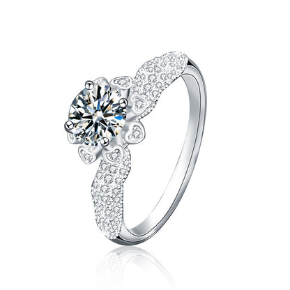 925 Silver Floral Micro Paved Ring with 1 Carat Moissanite Original Design Jewelry for Women Size 5-8 White Gold Plated