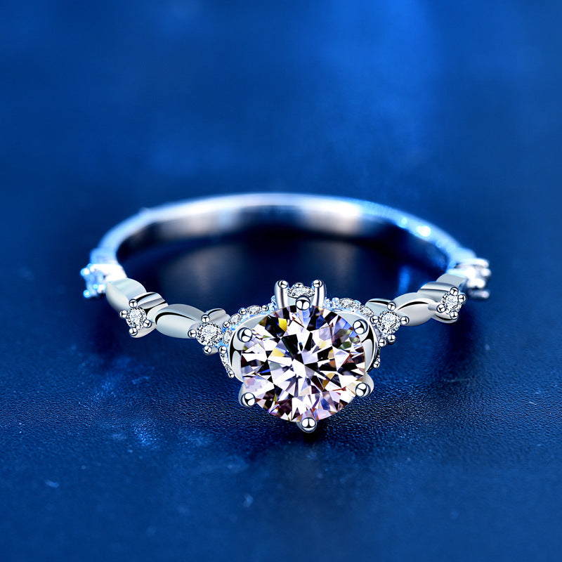 925 Silver Floral Ring with 1ct Moissanite Rhodium Plated Micro-Pavé Women's Elegant Jewelry Size 5-8